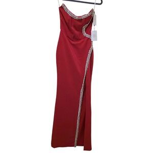Miss Circle NWT New York Red Strapless Embellished Gown Maxi Dress XS High Slit
